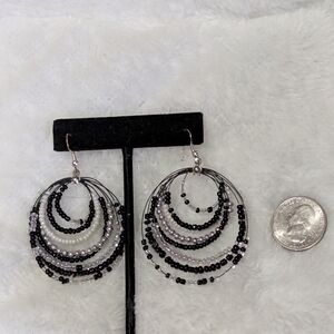 Dangle Beaded Earrings Silver Tone Mid Century Retro Modern Boho Pierced 2.5"